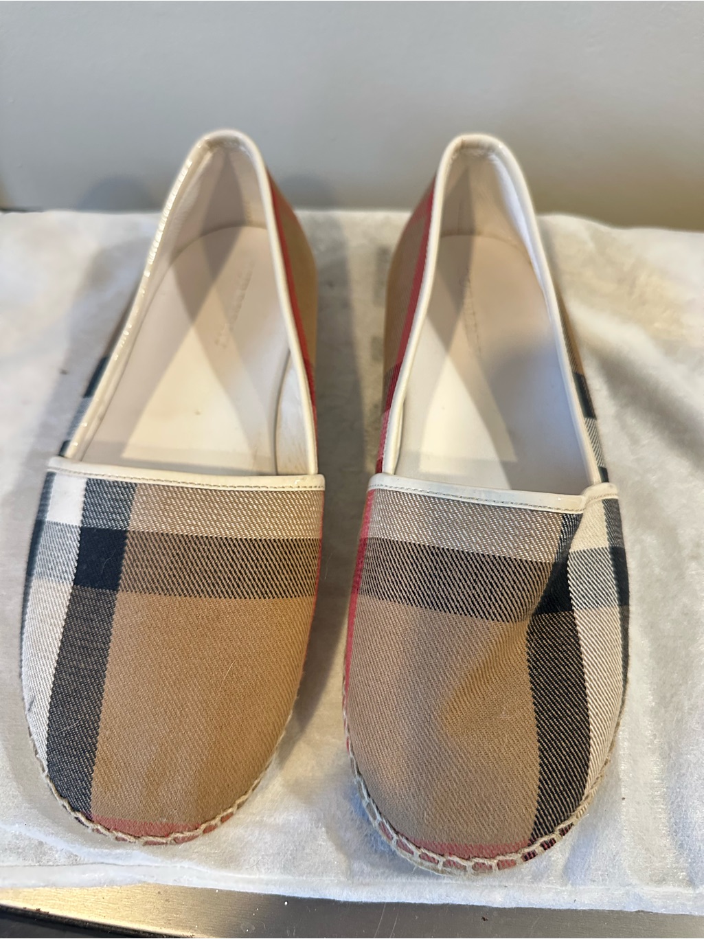 Burberry Plaid Espadrille Flats In Beige, Black And Red Trim